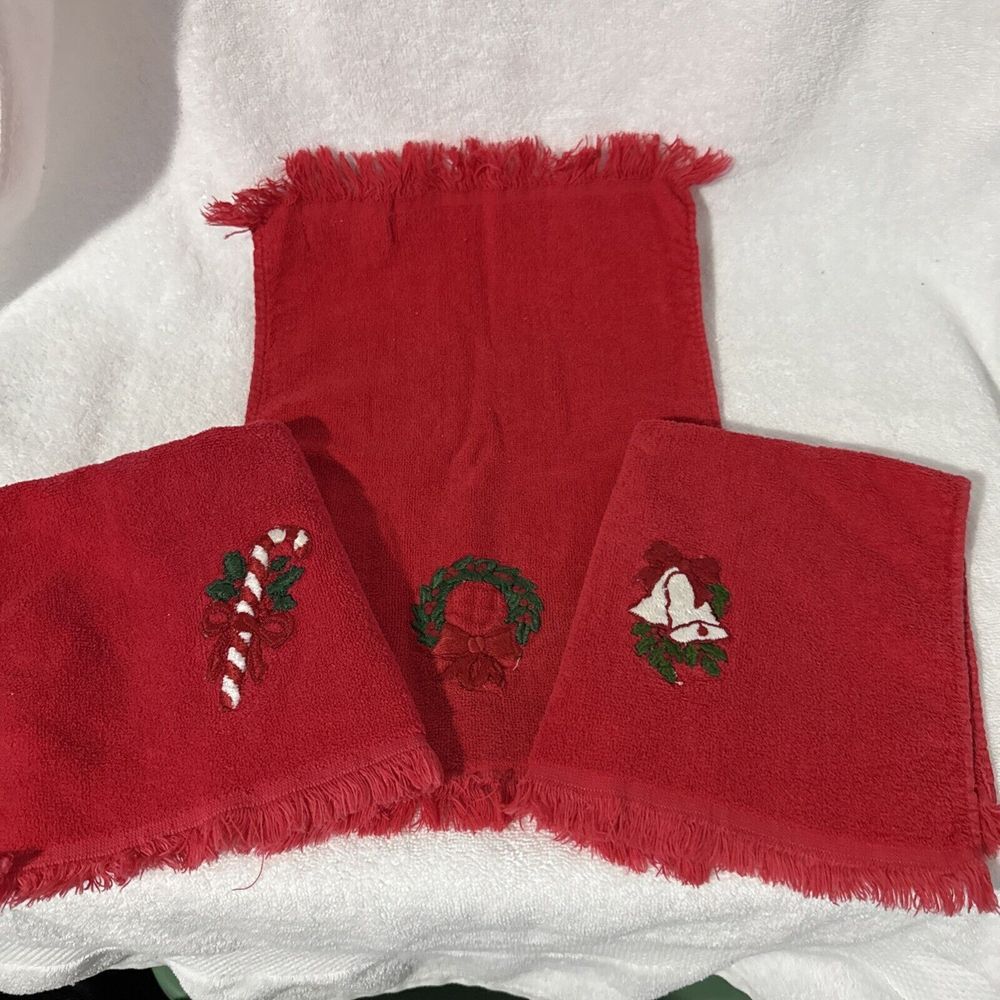 LOT‎ Vintage Holiday Fingertip Hand Towels Cannon Martex Red Christmas Fringe